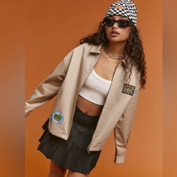 Airwalk Tan Women's Oversized Jacket with Colorful Patches_Med - Picture 2 of 10